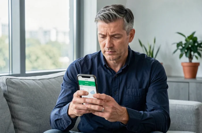 Homme utilisant son smartphone pour accéder à une plateforme de bien-être depuis son salon