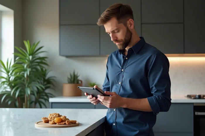Homme consultant les actualités du jour sur une tablette numérique dans une cuisine moderne lors du petit-déjeuner