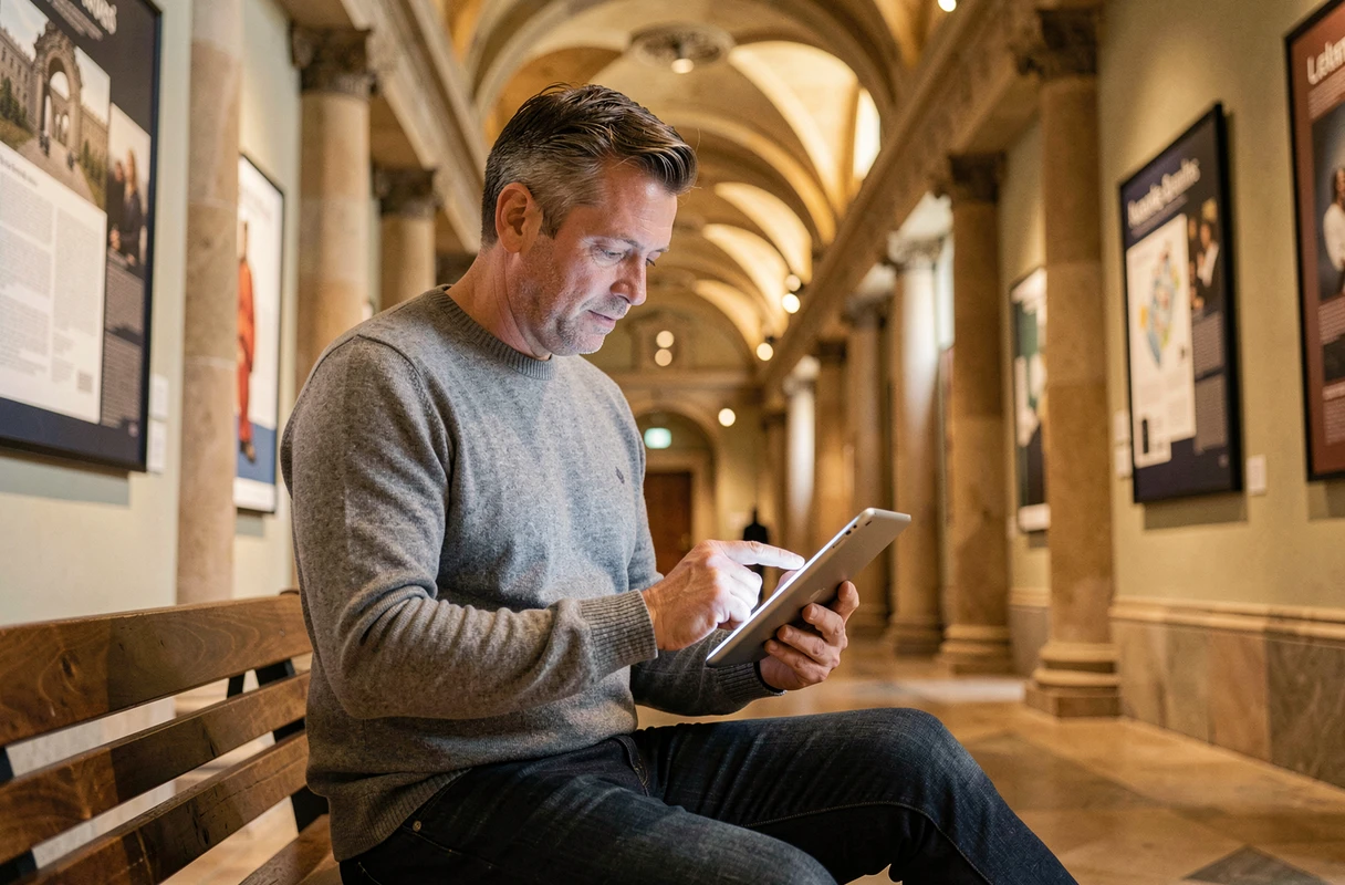 Homme naviguant sur la carte interactive du site Bozar depuis une tablette dans un couloir de musée