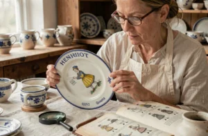 Femme expertisant le marquage au dos d'une faïence Henriot Quimper pour identifier son âge et son authenticité