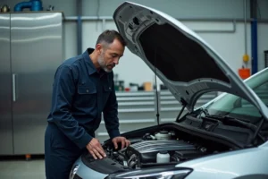 Ingénieur automobile inspectant le moteur d'une berline compacte pour analyser la puissance en chevaux et sa conversion en vitesse