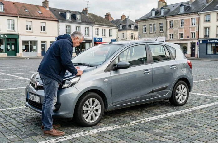 Homme inspectant un véhicule de location dans un parking urbain à Tourcoing avant de prendre la route