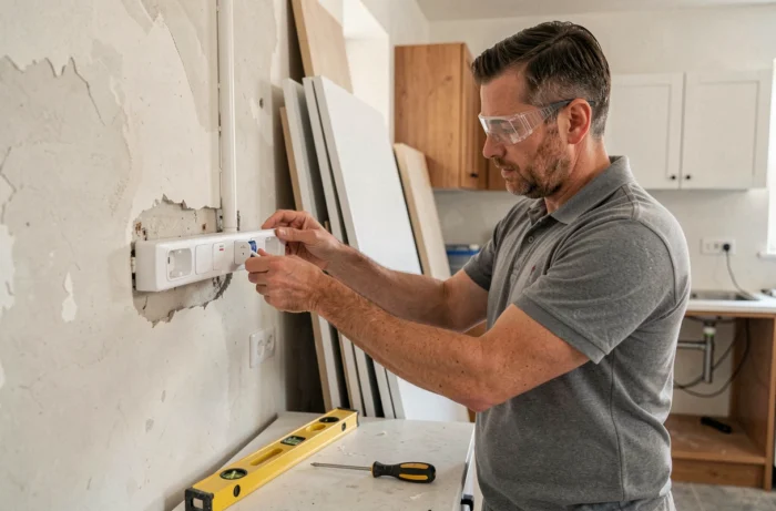 Installateur posant une goulotte PVC avec prises intégrées sur un mur de cuisine en cours de rénovation