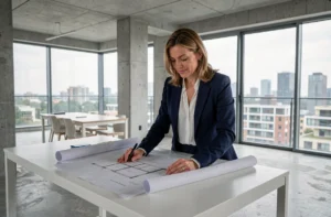 Femme investisseuse examinant des plans architecturaux dans un appartement neuf moderne avec vue sur la ville