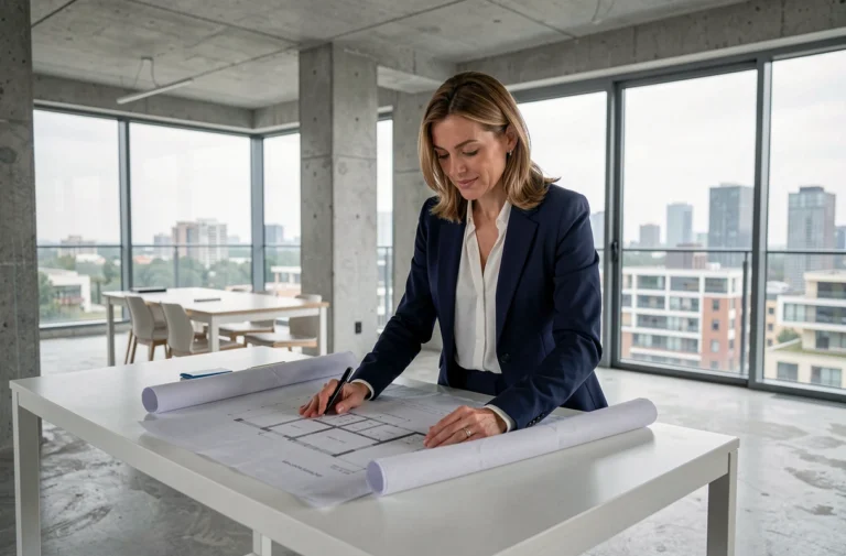 Femme investisseuse examinant des plans architecturaux dans un appartement neuf moderne avec vue sur la ville