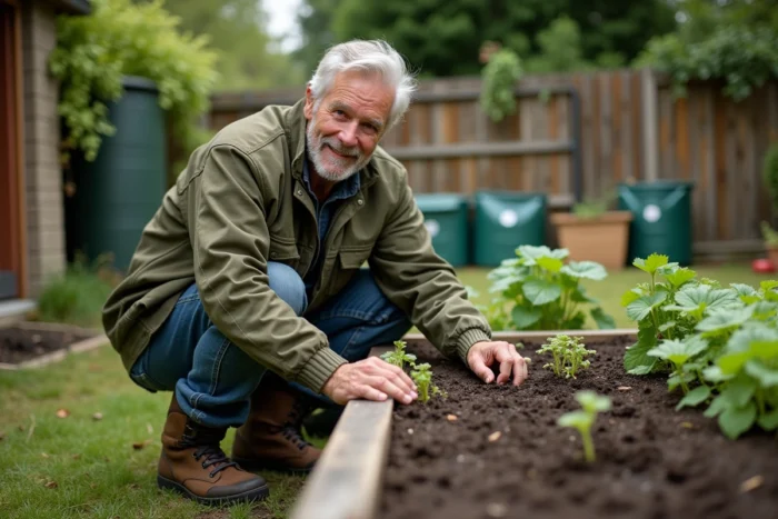 Homme plantant des légumes dans un potager surélevé en bois dans un jardin urbain durable