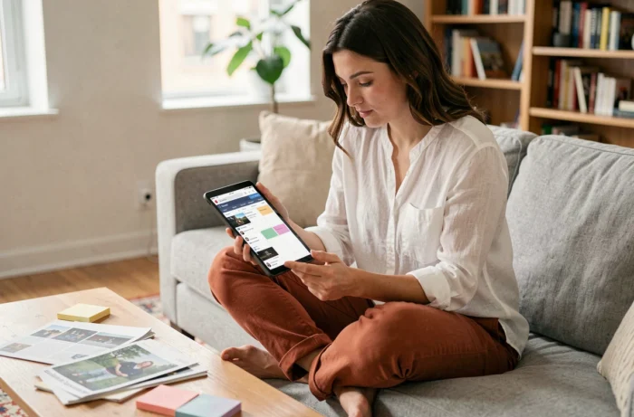 Jeune femme consultant un calendrier de contenu web et réseaux sociaux sur une tablette dans un salon contemporain