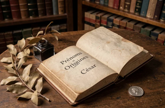 Livre ancien ouvert sur l'origine latine du prénom César avec symboles romains