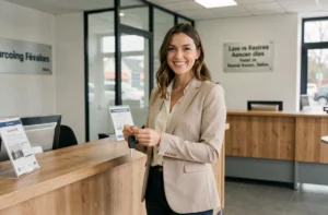 Femme souriante tenant des clés de voiture devant le comptoir d'une agence de location à Tourcoing