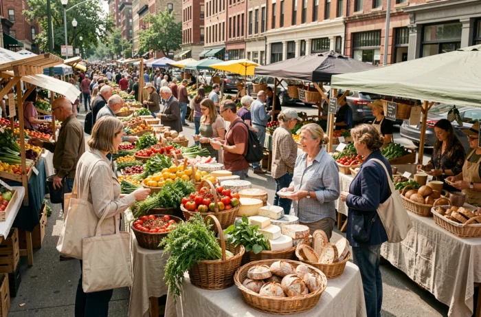 Marché fermier urbain animé avec des étals colorés de légumes anciens, fromages artisanaux et pains faits maison