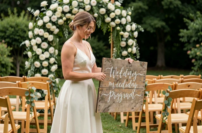 Mariée arrangeant un panneau de cérémonie en bois personnalisé devant une arche florale blanche dans un jardin
