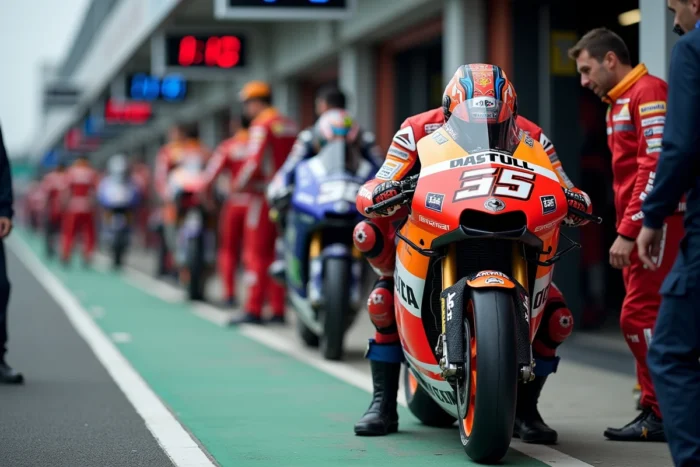 Mécaniciens MotoGP en action dans le stand avant le départ d'un Grand Prix sur circuit