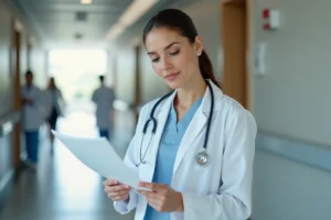 Médecin femme en blouse blanche consultant un dossier patient dans un couloir d'hôpital moderne