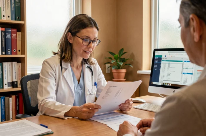 Médecin expliquant les résultats d'une analyse sanguine à un patient dans son cabinet