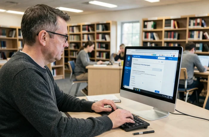 Enseignant consultant sa messagerie académique de l'académie de Rouen sur un ordinateur de bureau dans une bibliothèque