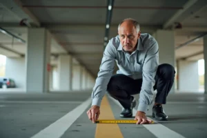 Syndic de copropriété mesurant la taille d'une place de parking en jouissance dans un parking souterrain avec un mètre ruban jaune