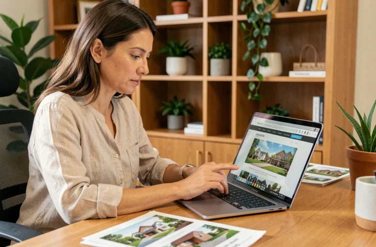 Femme utilisant un ordinateur portable pour naviguer sur le plan du site d'une agence immobilière depuis son bureau à domicile