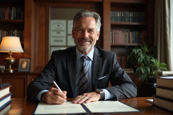 Notaire ou conseiller financier signant un contrat immobilier dans un bureau professionnel classique