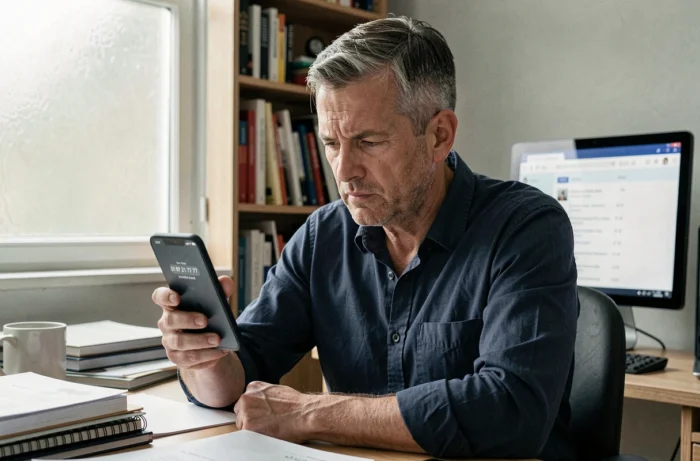 Homme regardant avec méfiance un numéro de téléphone inconnu sur son smartphone dans un bureau à domicile