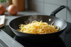 Oignons jaunes en train de revenir à sec dans une poêle antiadhésive sur une cuisinière à gaz, dégageant de la vapeur naturelle