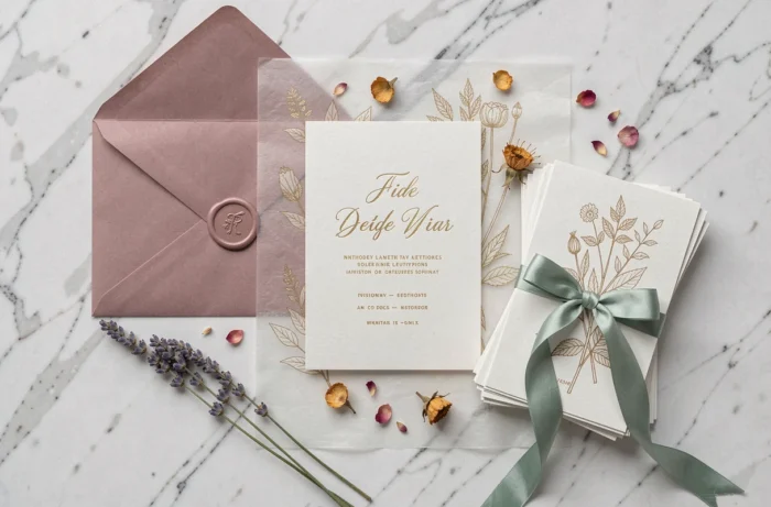 Papeterie de mariage personnalisée en vue à plat avec invitations letterpress, cachet de cire et fleurs séchées sur marbre