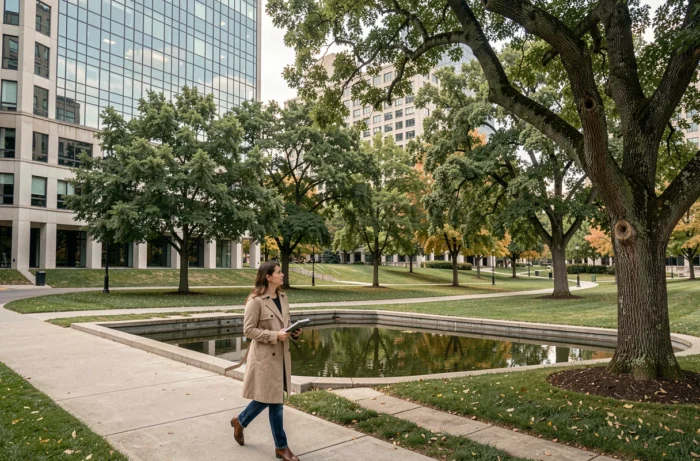 Femme se promenant dans un parc urbain entre végétation et bâtiments modernes illustrant la coexistence des environnements naturels et construits