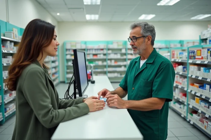 Pharmacien remettant un médicament à une patiente au comptoir d'une pharmacie, dans le cadre d'un traitement médical
