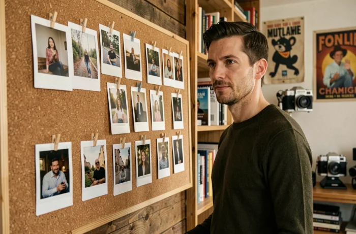 Homme disposant plusieurs photos Polaroid à plat sur un tableau en liège pour les faire sécher sans les abîmer