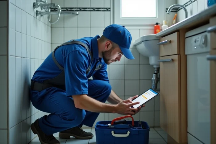 Plombier en uniforme consultant des avis clients sur tablette pendant une intervention, évaluation service Depanneo