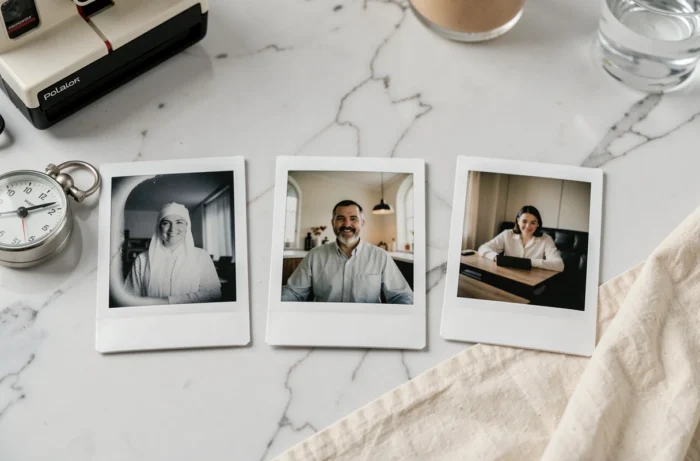 Vue de dessus de photos Polaroid posées à plat sur du marbre blanc en train de sécher naturellement sans être manipulées