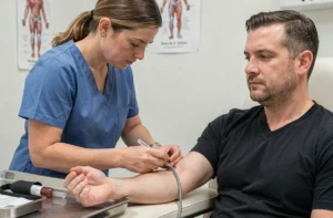 Infirmière effectuant une prise de sang sur un patient dans un cabinet médical