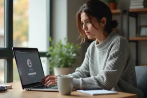 Femme frustrée devant son ordinateur portable essayant de se connecter à son espace client en ligne
