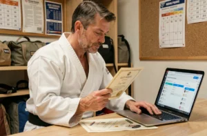 Professeur de judo consultant l'extranet FFJDA sur un ordinateur portable dans un bureau de dojo pour gérer les grades et ceintures