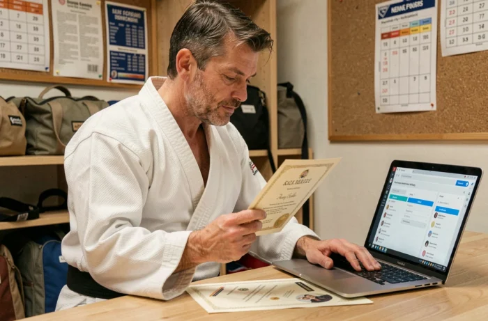 Professeur de judo consultant l'extranet FFJDA sur un ordinateur portable dans un bureau de dojo pour gérer les grades et ceintures