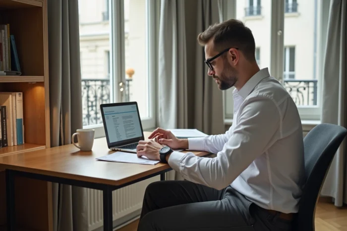 Professionnel en déplacement longue durée consultant des aides au logement dans un appartement de transition meublé