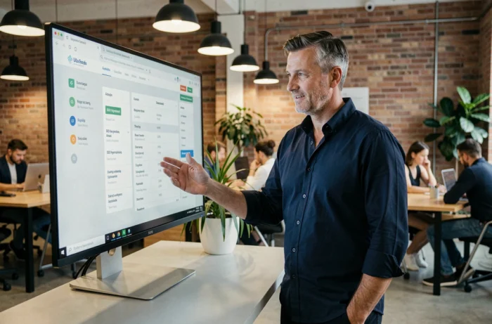 Professionnel debout devant un écran affichant des outils de stratégie SEO dans un espace de coworking moderne