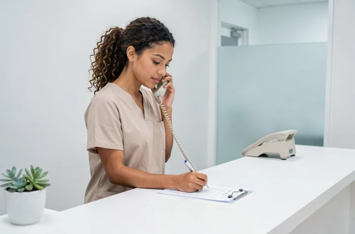 Professionnelle de santé au téléphone à l'accueil d'un centre de bien-être pour accompagner les patients