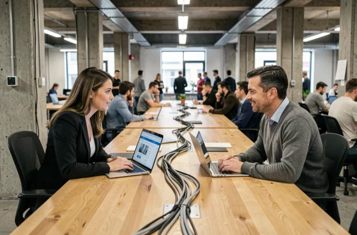 Deux professionnels recherchant des offres d'emploi en ligne dans un espace de coworking moderne
