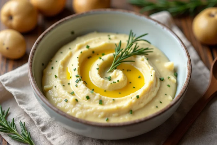 Bol de purée de légumes crémeuse sans potimarron présentée sur une table en bois rustique