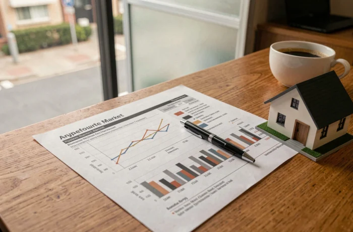 Rapport de tendances du marché immobilier local posé sur un bureau d'agence avec graphiques de prix et modèle de maison