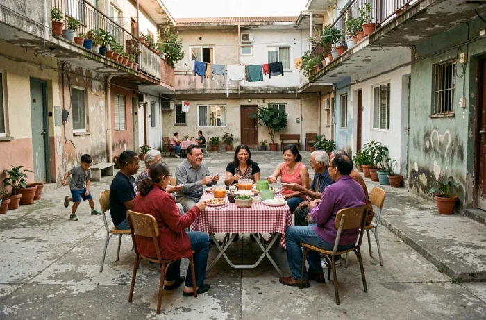Rassemblement communautaire solidaire dans une cour de quartier défavorisé avec familles et enfants partageant un repas