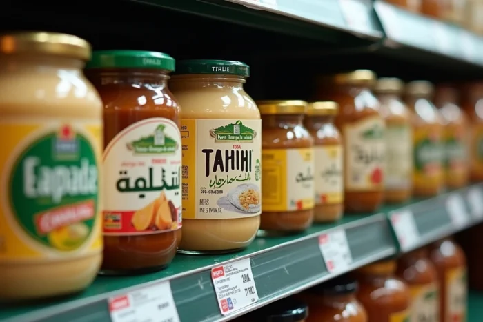 Rayon tahini en supermarché avec différentes marques et formats de pots alignés sur une étagère