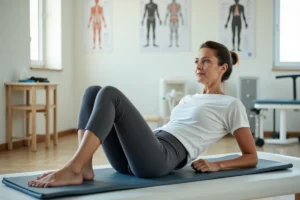 Femme en rééducation après fracture du sacrum effectuant un exercice de bascule du bassin sur un tapis de kinésithérapie