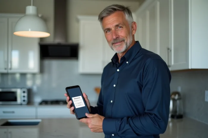 Homme consultant son smartphone pour réinitialiser son mot de passe sur un portail client en ligne
