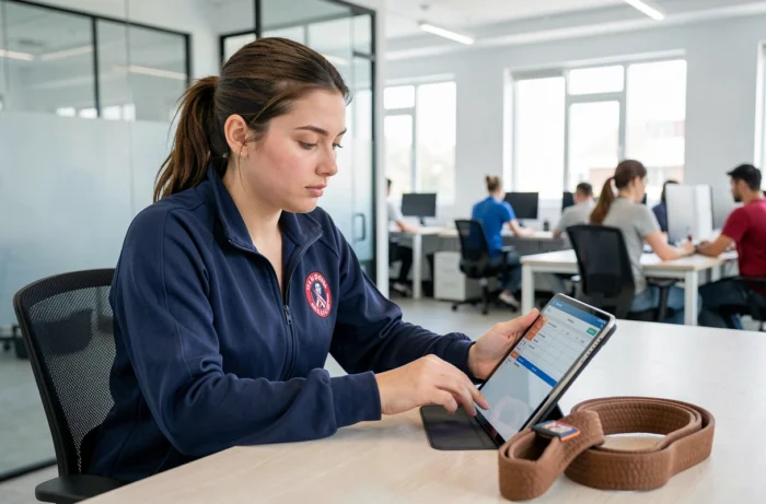 Responsable de club judo gérant les ceintures et grades en ligne sur une tablette via l'extranet de la FFJDA