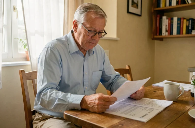 Retraité français consultant ses relevés de pension à la table de sa cuisine