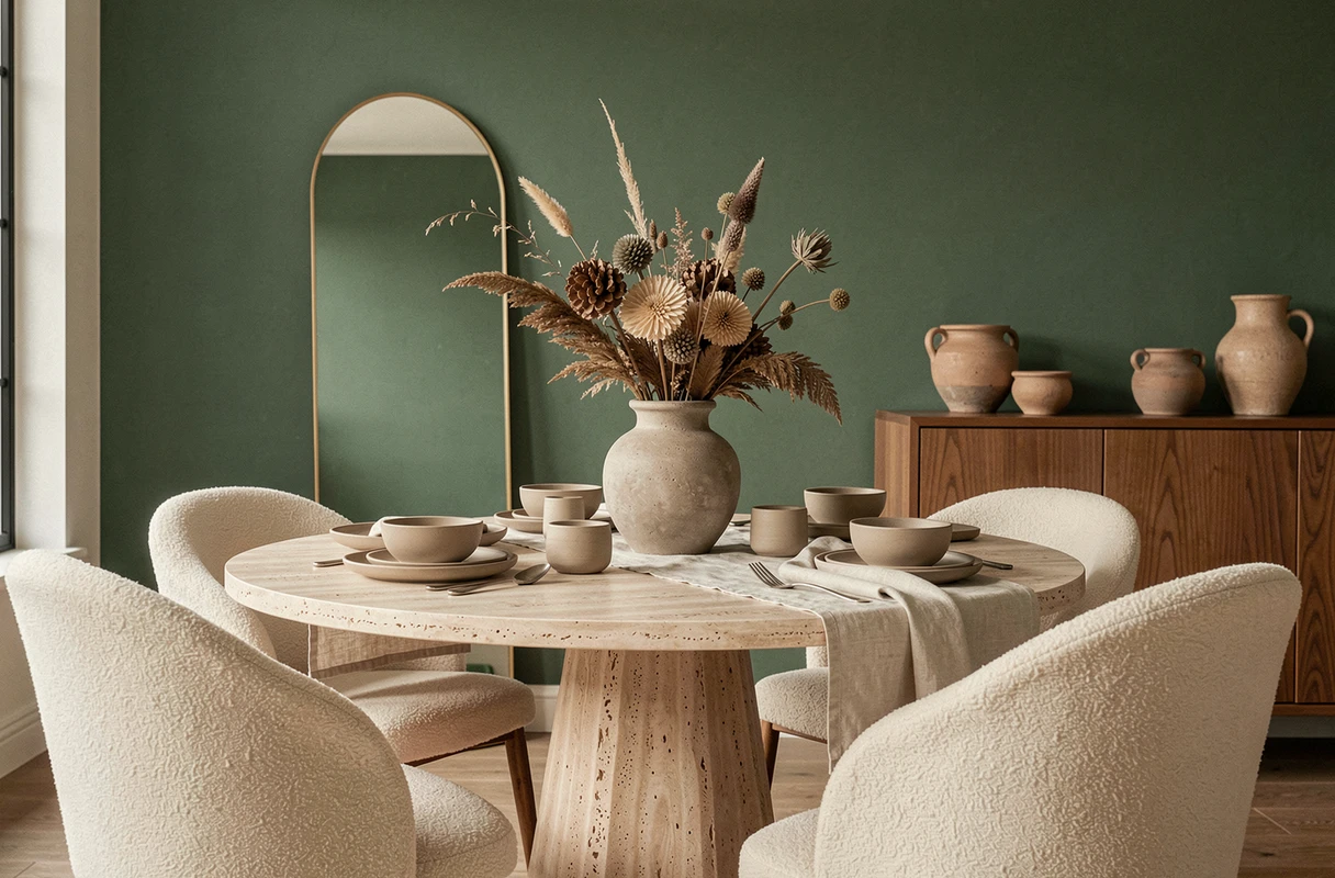 Salle à manger contemporaine avec table en travertin, chaises en bouclé ivoire et mur vert sauge, illustration des dernières tendances en décoration intérieure