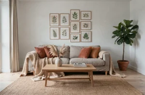Salon scandinave moderne avec canapé en lin, coussins terracotta, table basse en chêne et plantes vertes, illustrant les tendances actuelles de la décoration intérieure