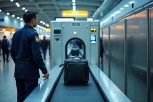 Agent de sécurité aéroportuaire surveillant un scanner à rayons X avec un bagage sur le tapis roulant