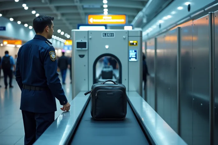 Agent de sécurité aéroportuaire surveillant un scanner à rayons X avec un bagage sur le tapis roulant